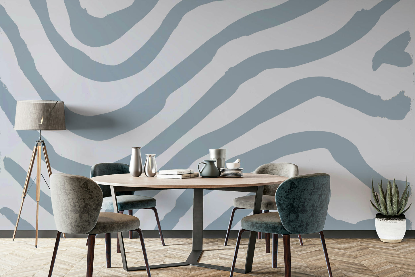 Clean line wall mural in blue tones

