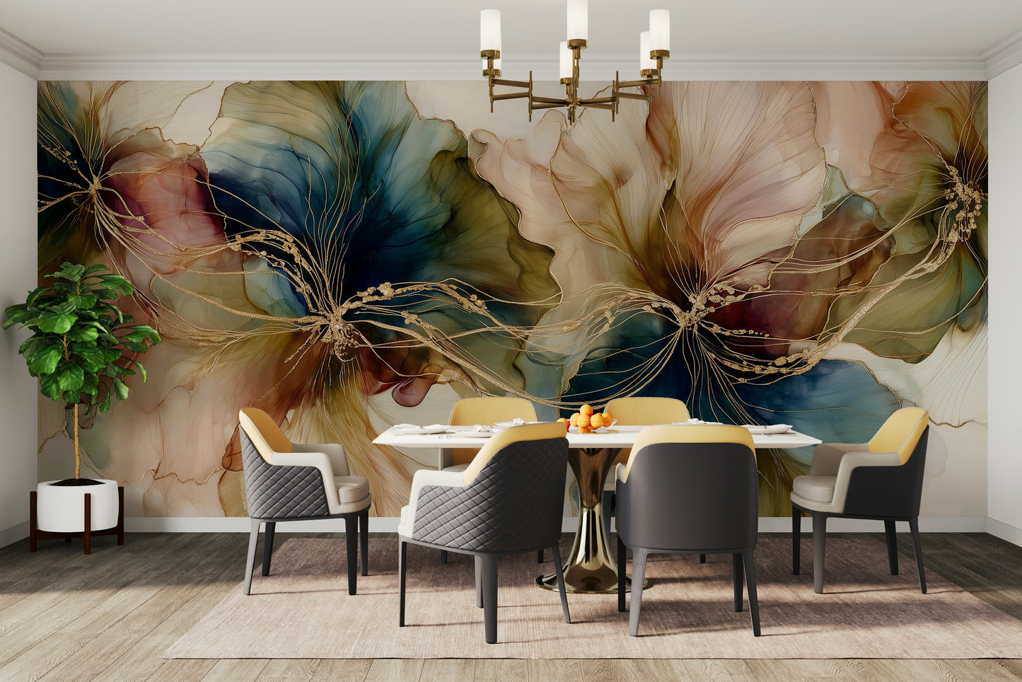 Abstract mural wallpaper with floral lines
