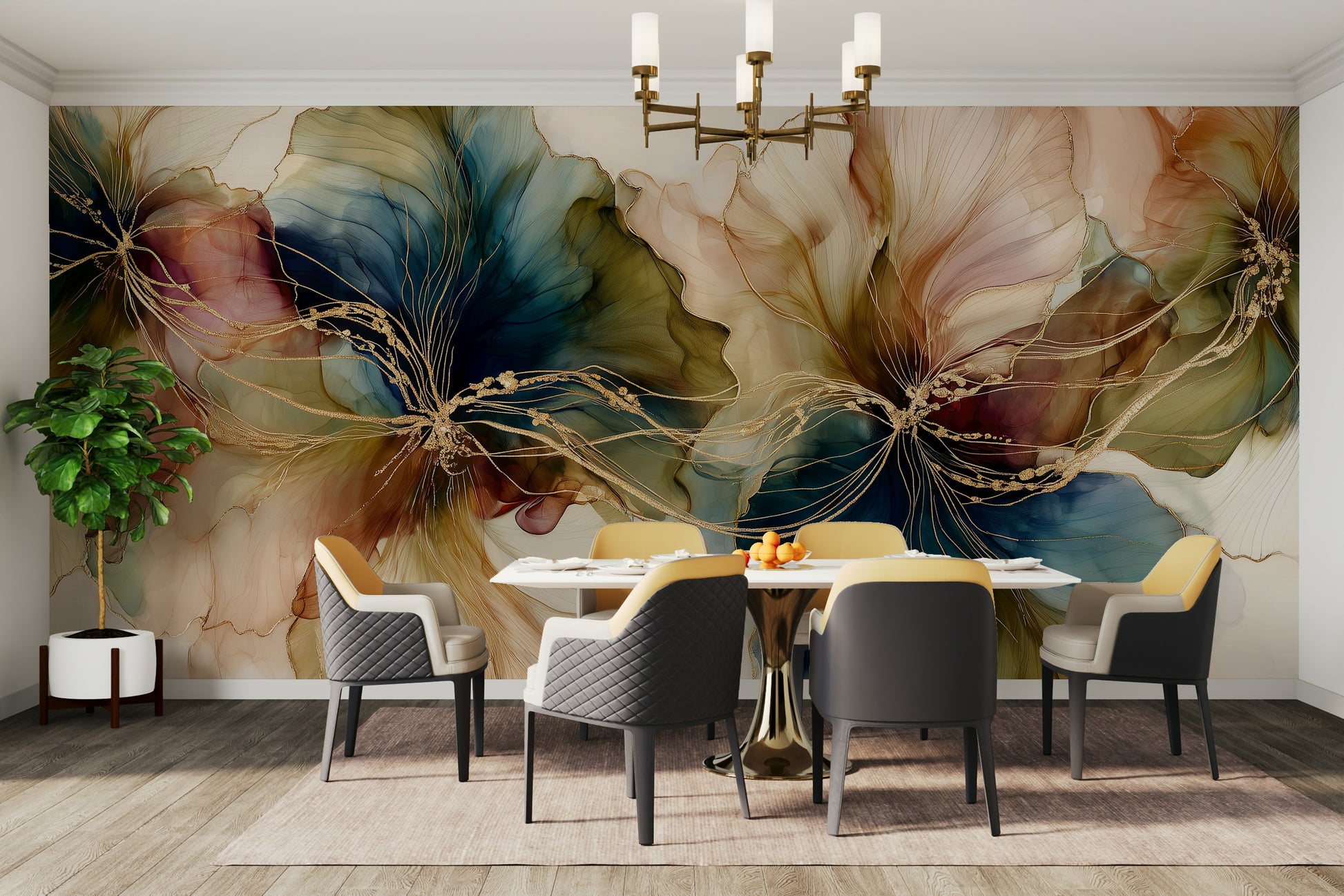 Abstract mural wallpaper with floral lines
