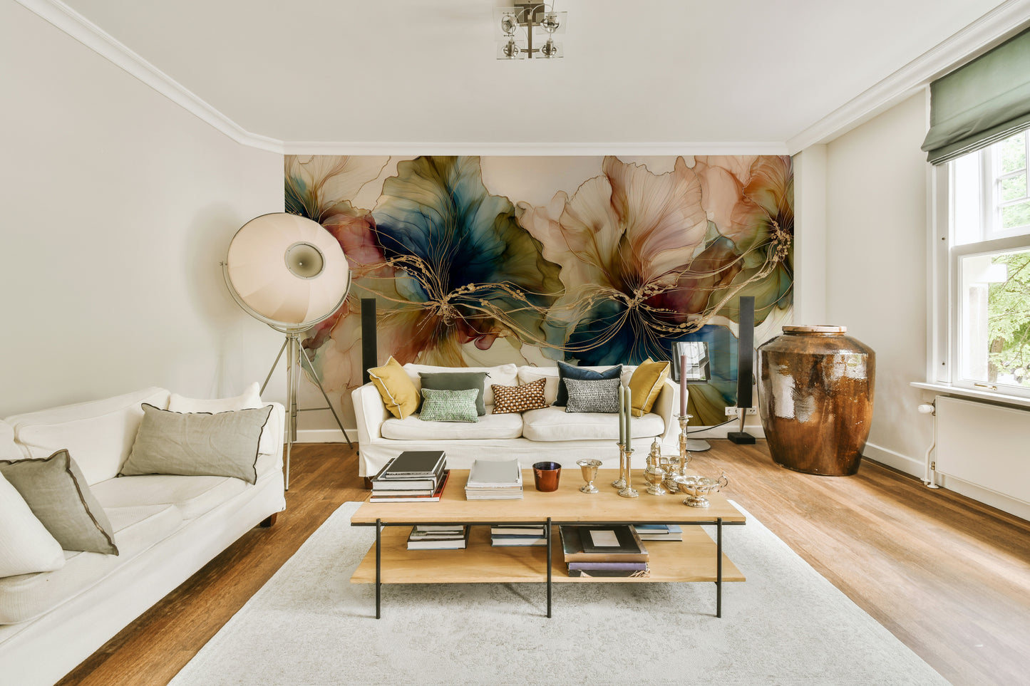 Artistic floral wallpaper in soft tones

