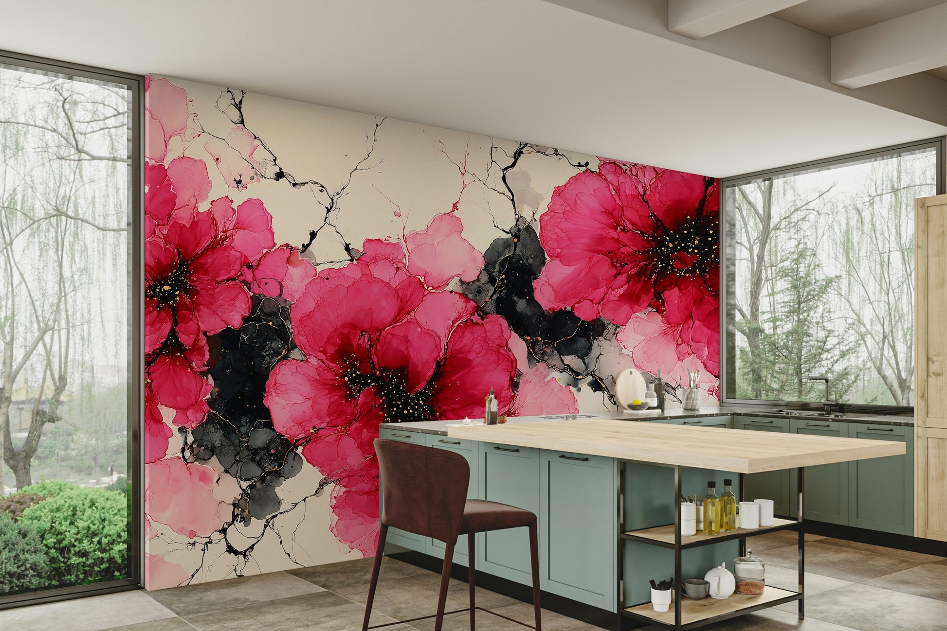 Ink-drawn flower wallpaper for walls

