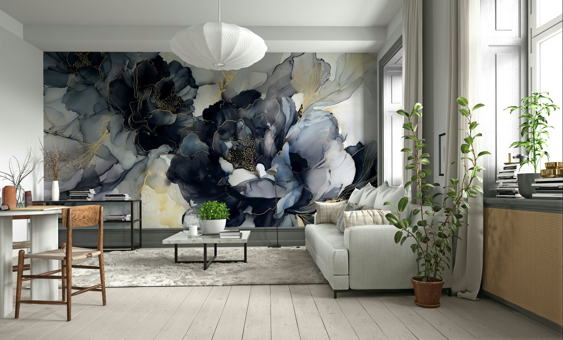 Modern floral wall mural in dark tones

