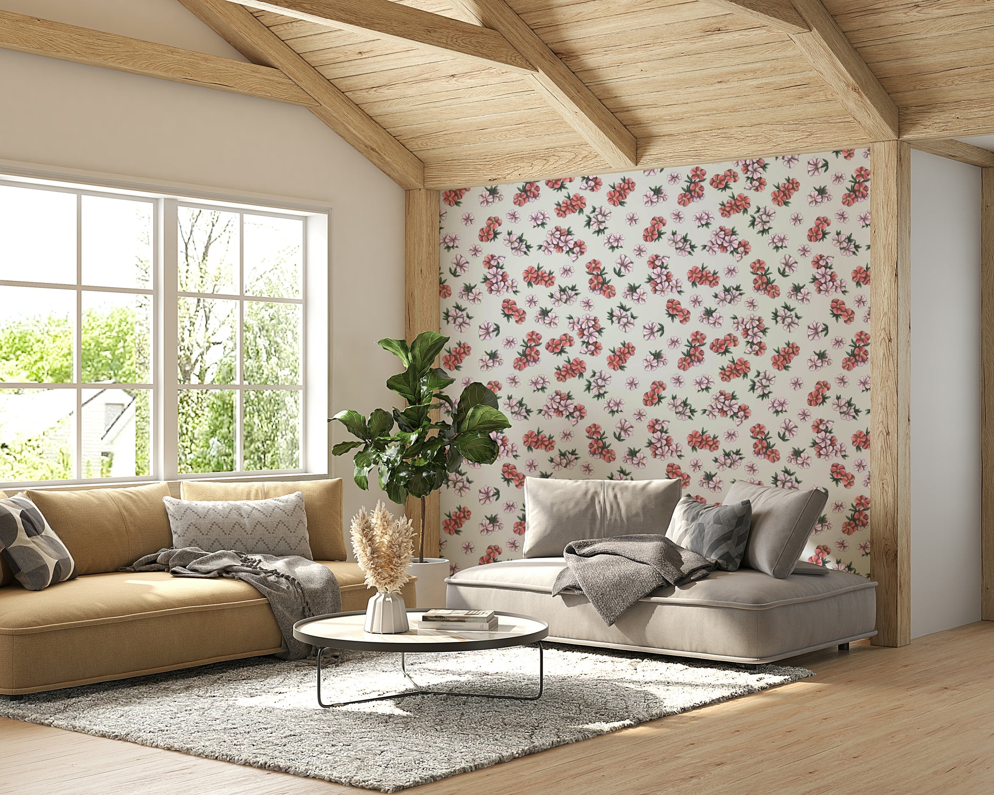 Vintage-style floral mural wallpaper

