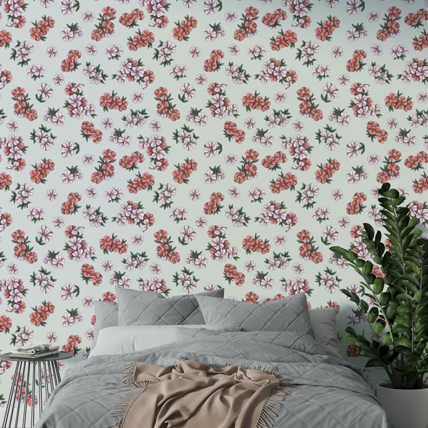 Gentle spring mural with scattered flowers

