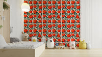 Garden-themed wall mural with red bird


