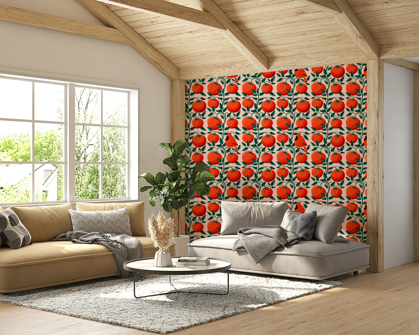 Tomato garden mural wallpaper with cardinal

