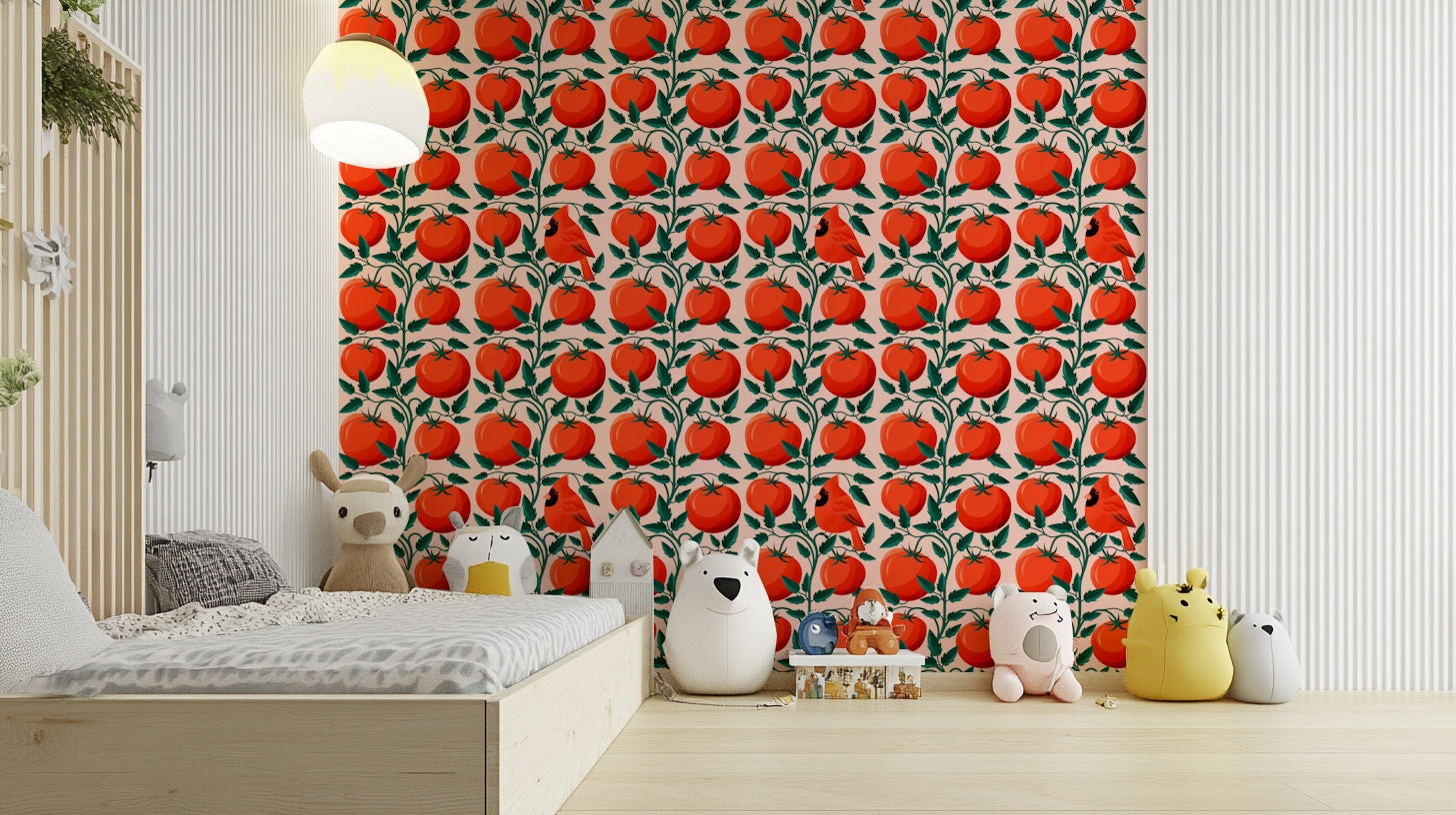 Red fruit and bird wallpaper design

