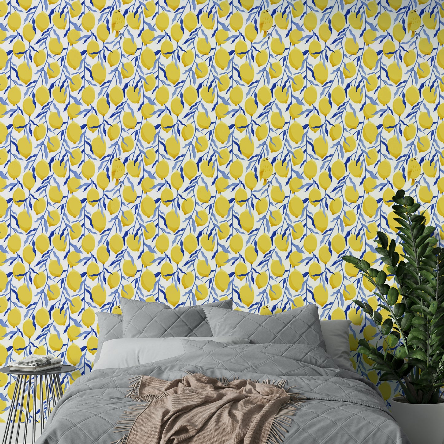 Sunny lemon wallpaper with bird detail

