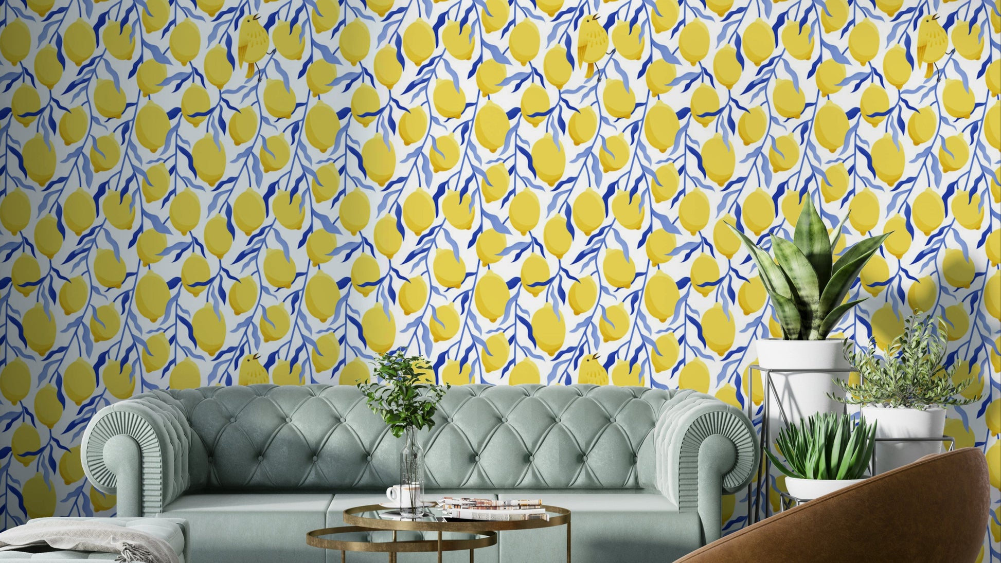 Yellow bird mural wallpaper with lemons

