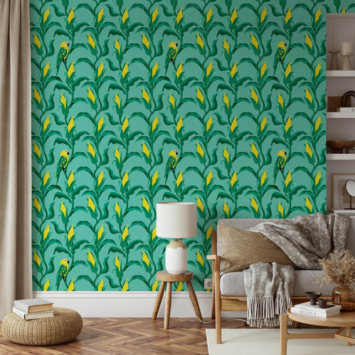 Corn plant mural wallpaper with bird

