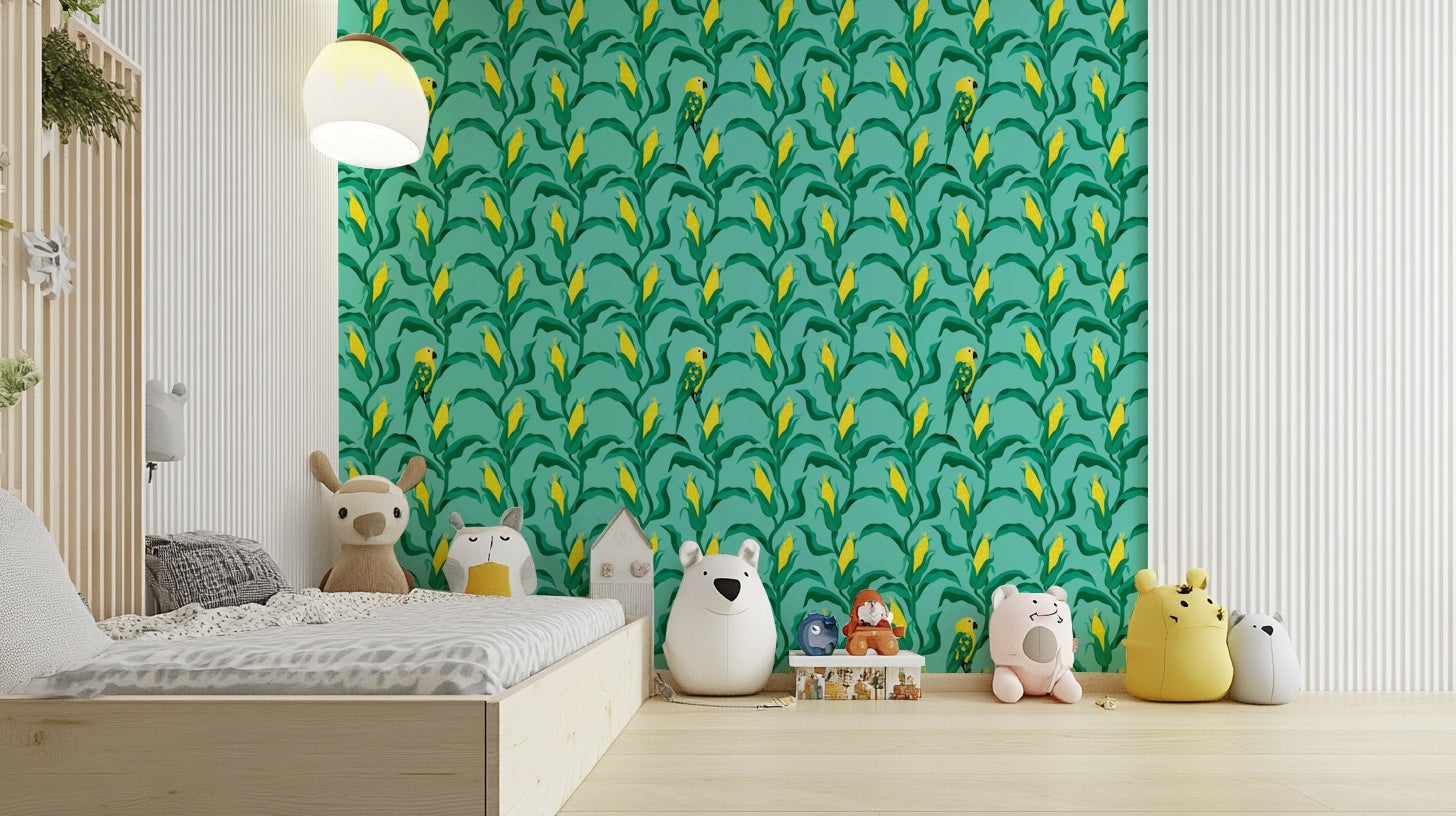 Bright mural wallpaper with bird and corn

