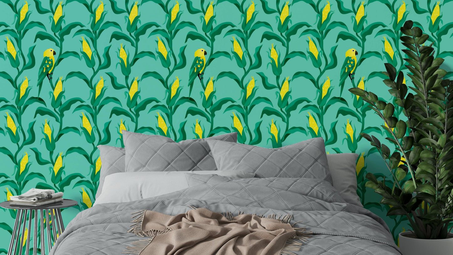 Green parrot mural wallpaper in cornfield

