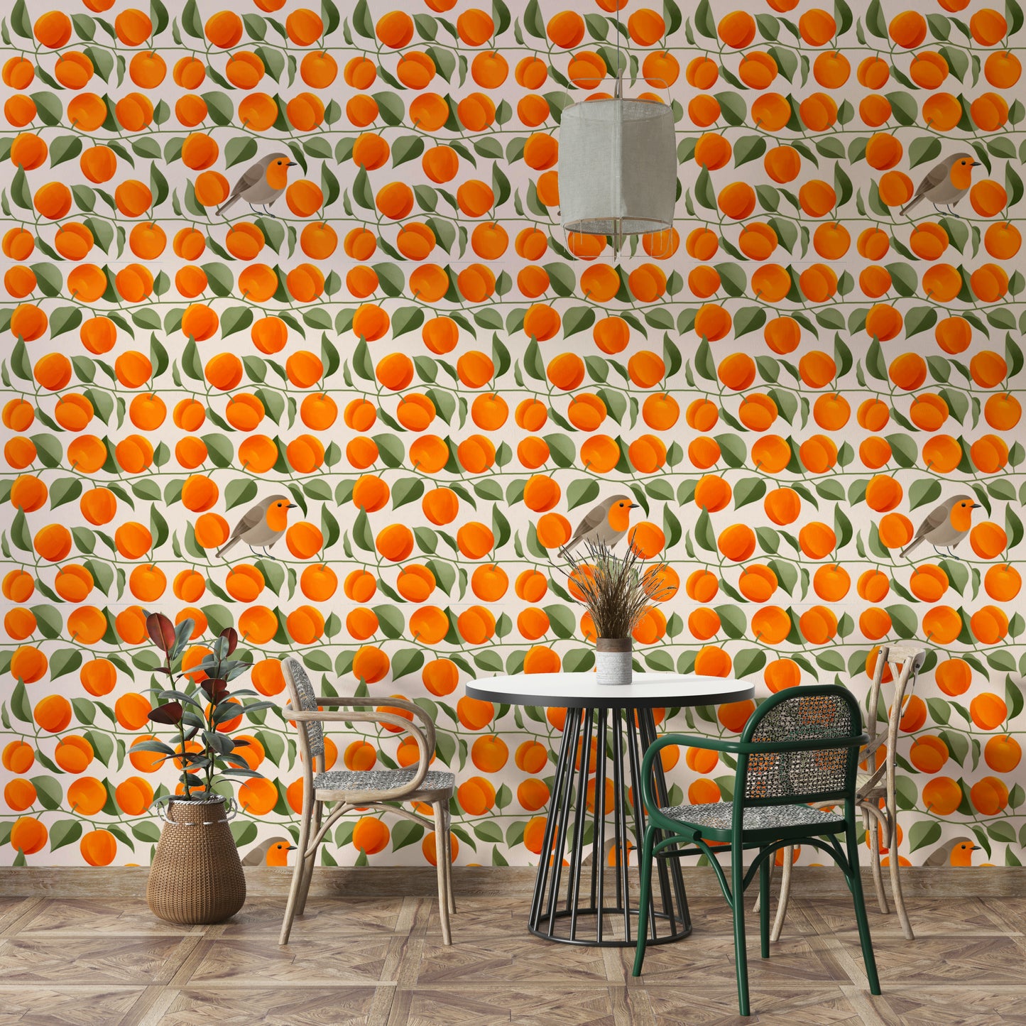 Apricot fruit wallpaper with green leaves

