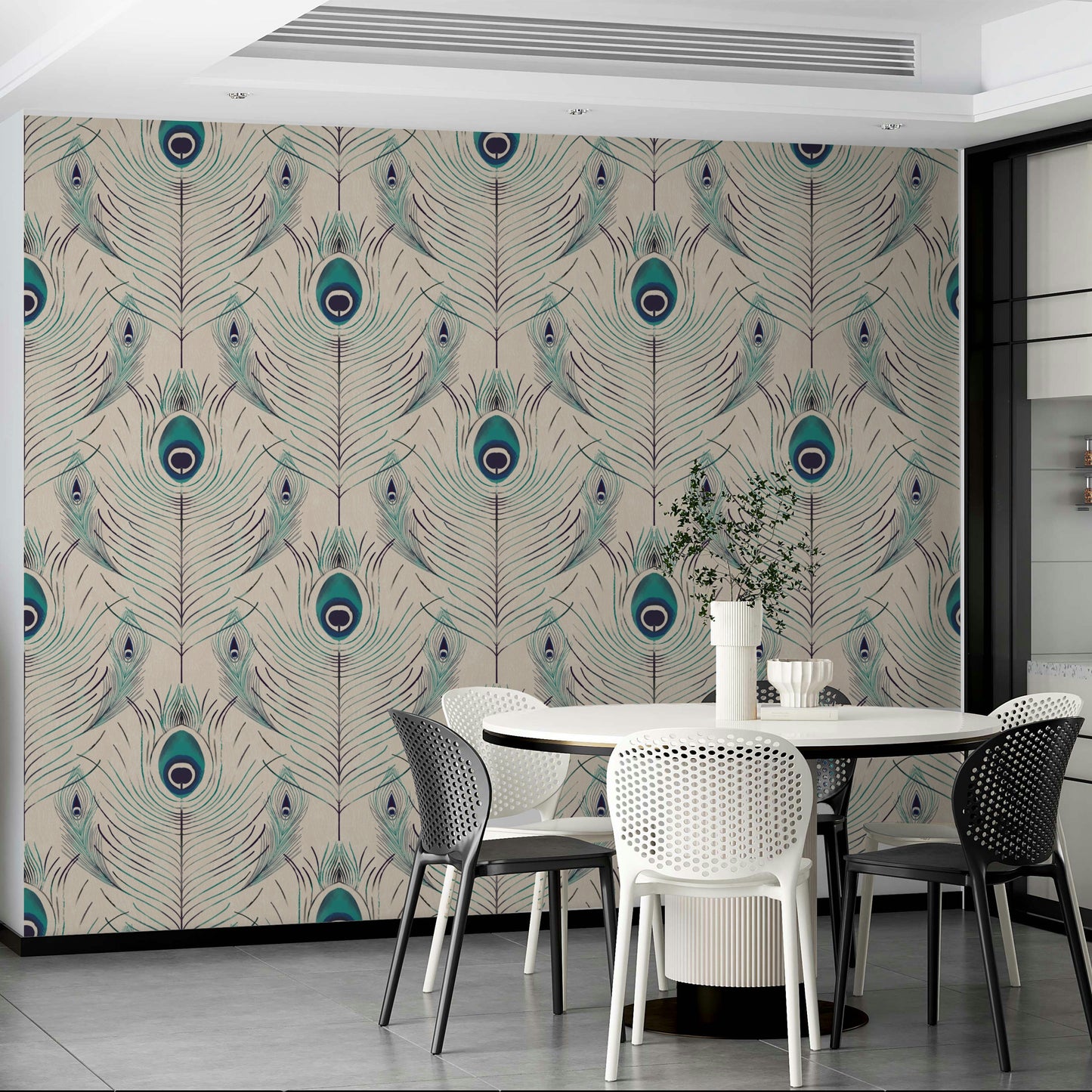 Off-white wallpaper with elegant feather pattern

