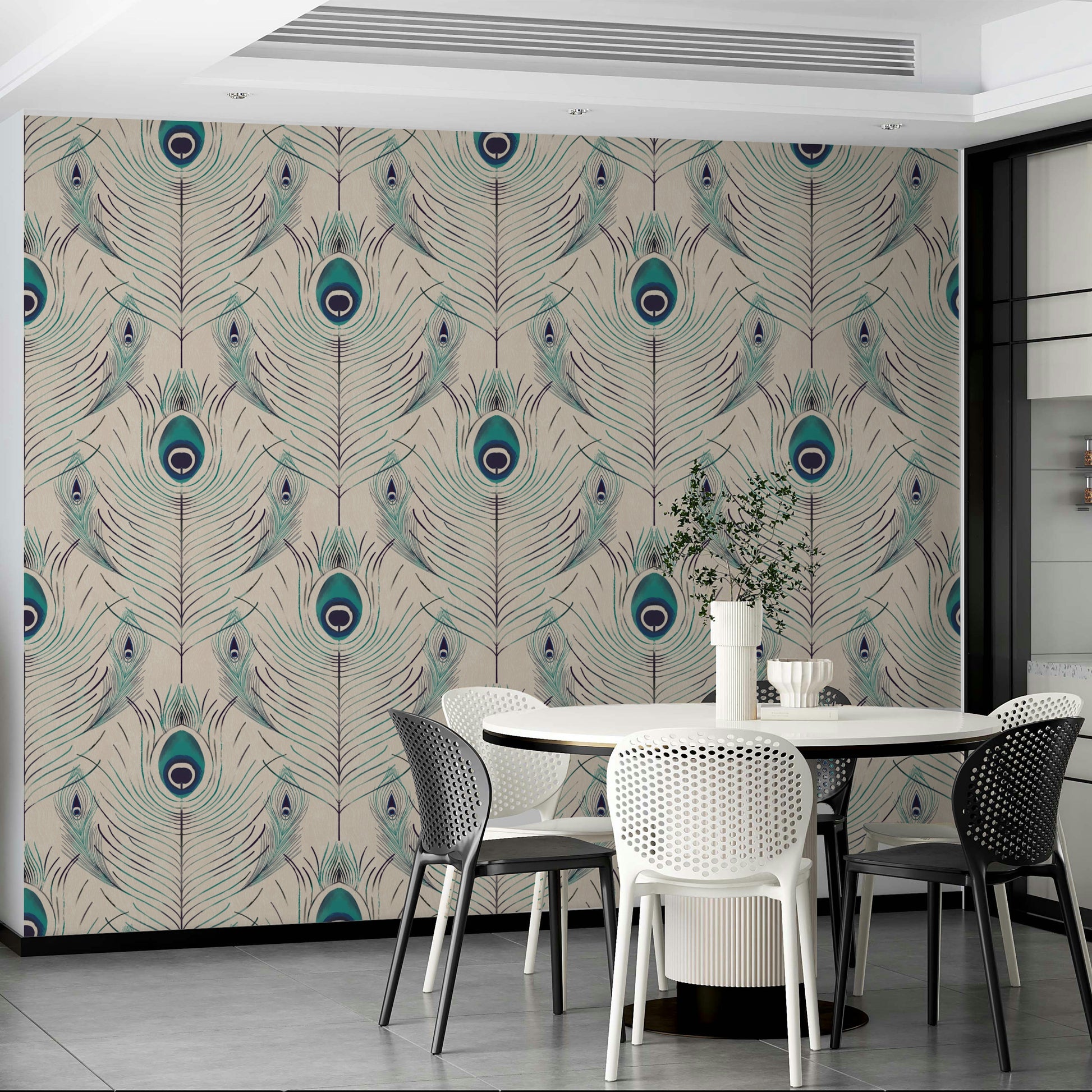 Off-white wallpaper with elegant feather pattern

