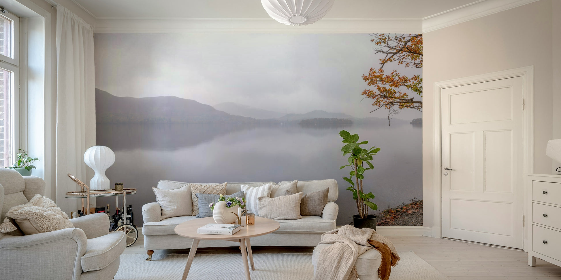 Soft autumn colors and still lake mural

