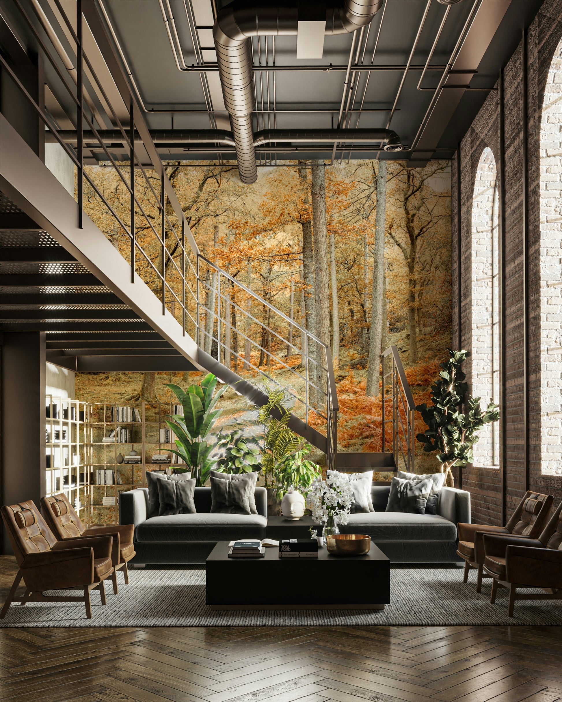 Serene forest scene with winding road mural

