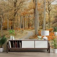 Fall forest mural with soft earthy tones

