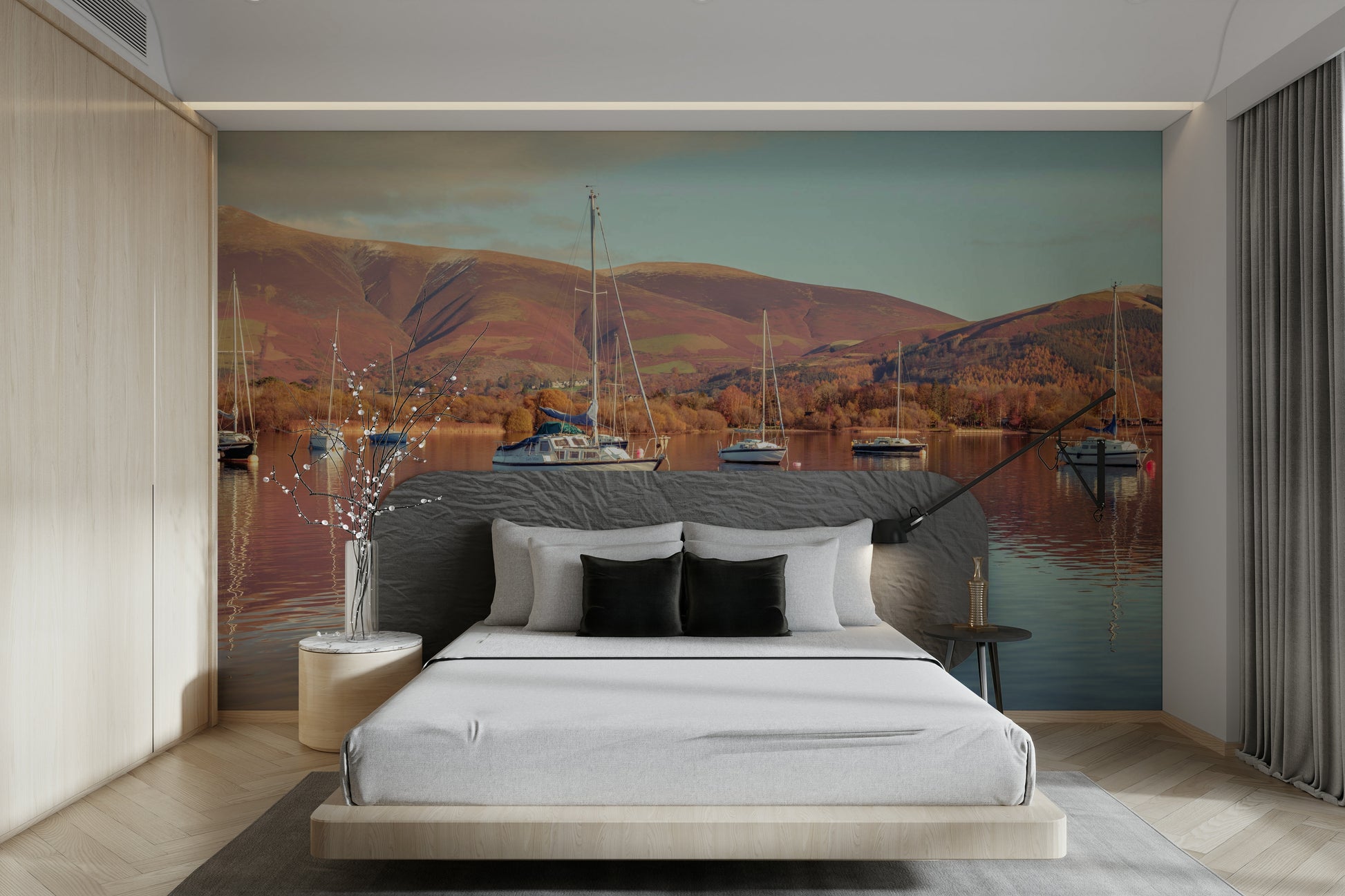 Peaceful lake scene with sailboats

