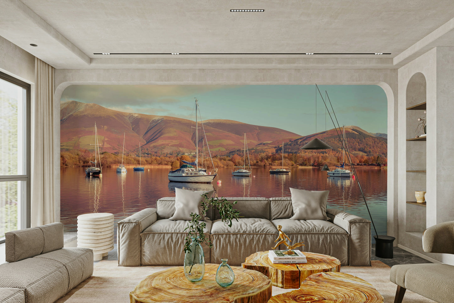 Nature-inspired mural with boats on water

