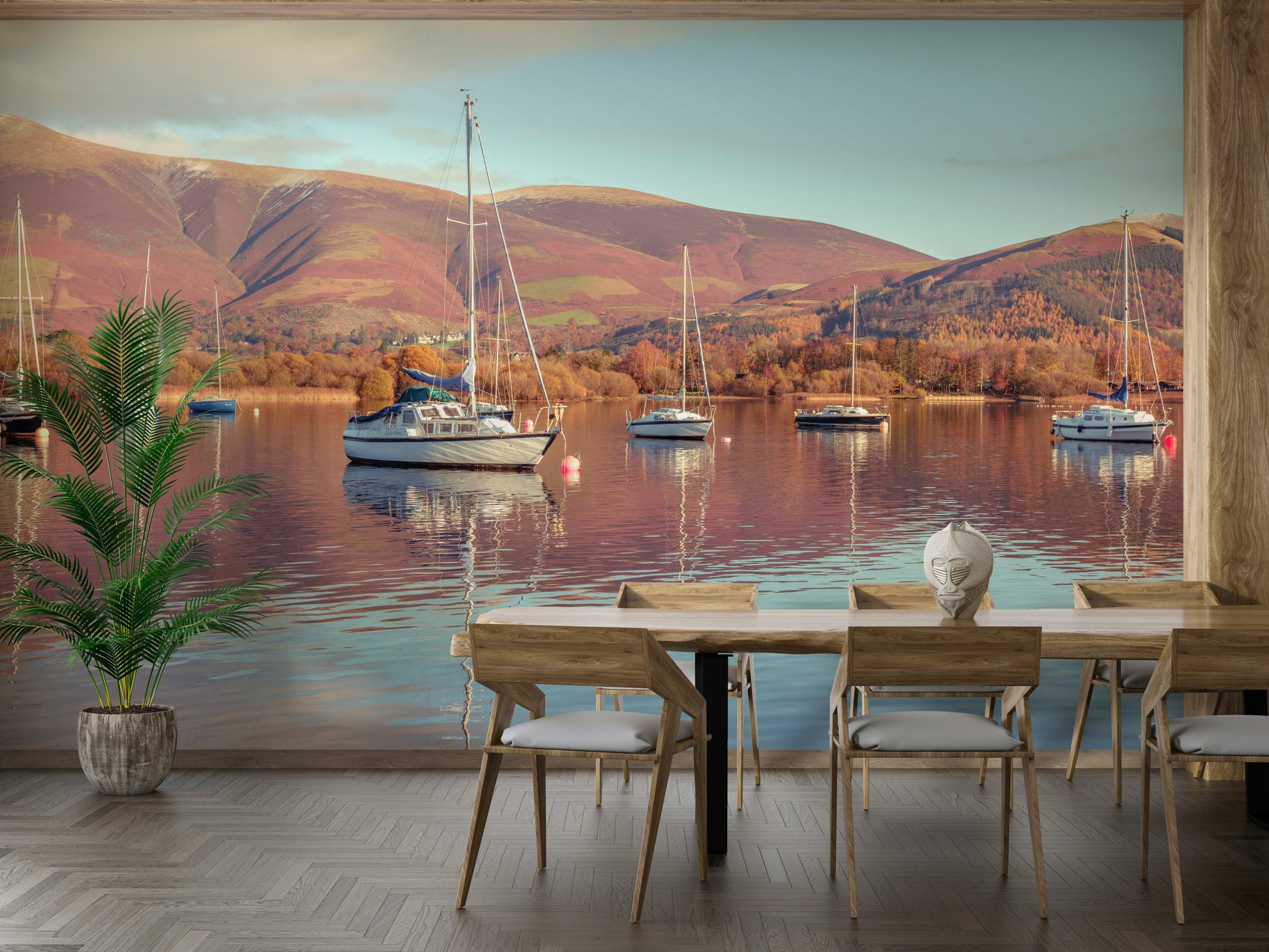 Serene boat wallpaper for relaxed interiors

