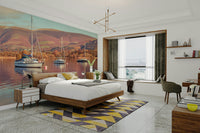 Mural of boats drifting on a quiet lake

