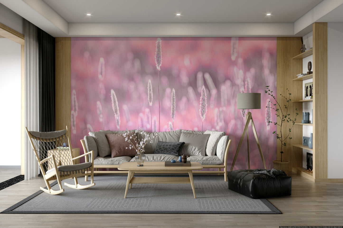 Subtle pink flowers in natural landscape mural

