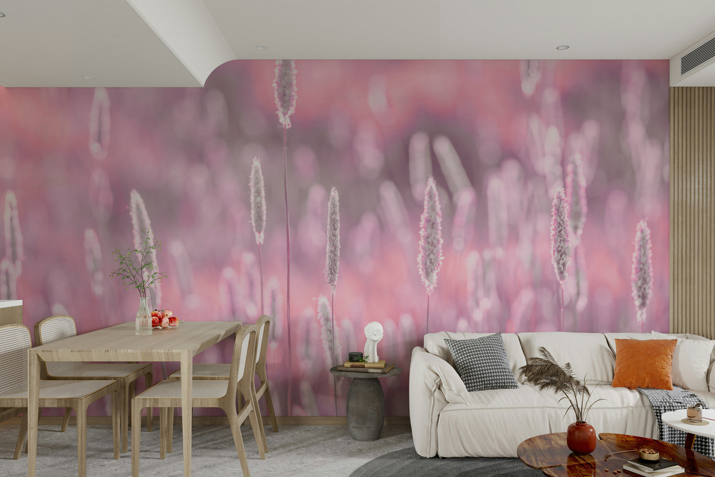Serene meadow wall mural with pastel colors

