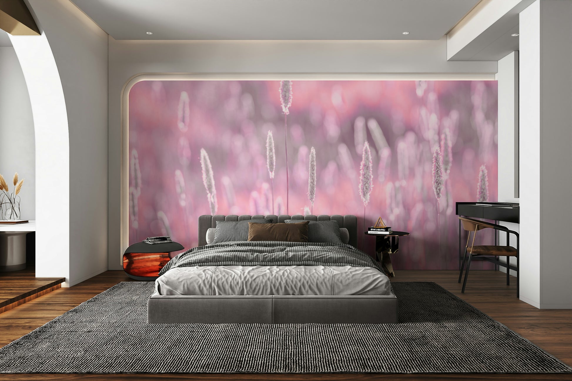 Dreamy floral mural with soft pink blooms

