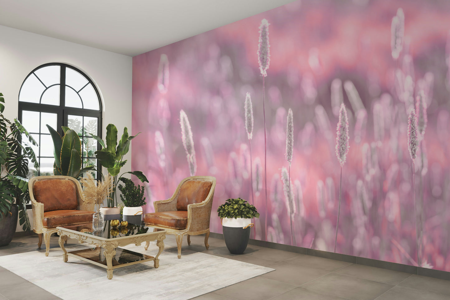 Faded pink meadow mural for peaceful rooms


