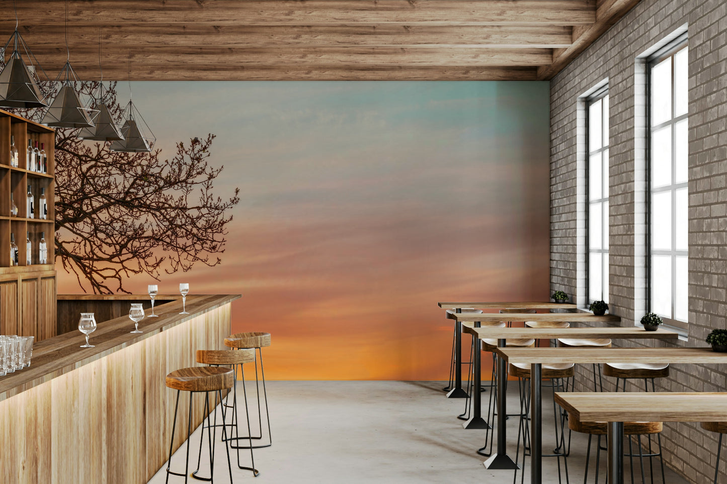 Peaceful sky mural with sunset colors


