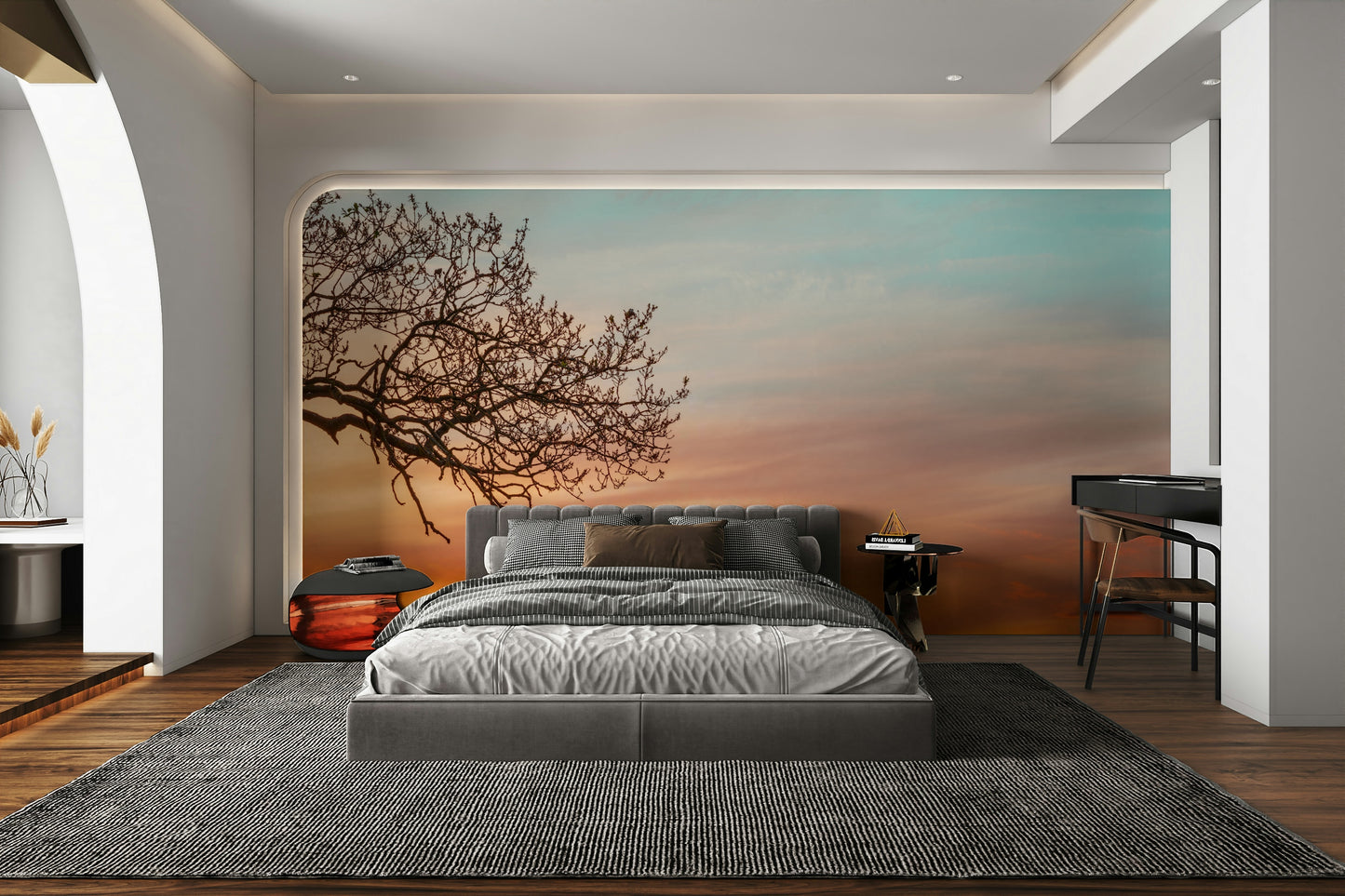 Soft gradient sunset mural with lone tree

