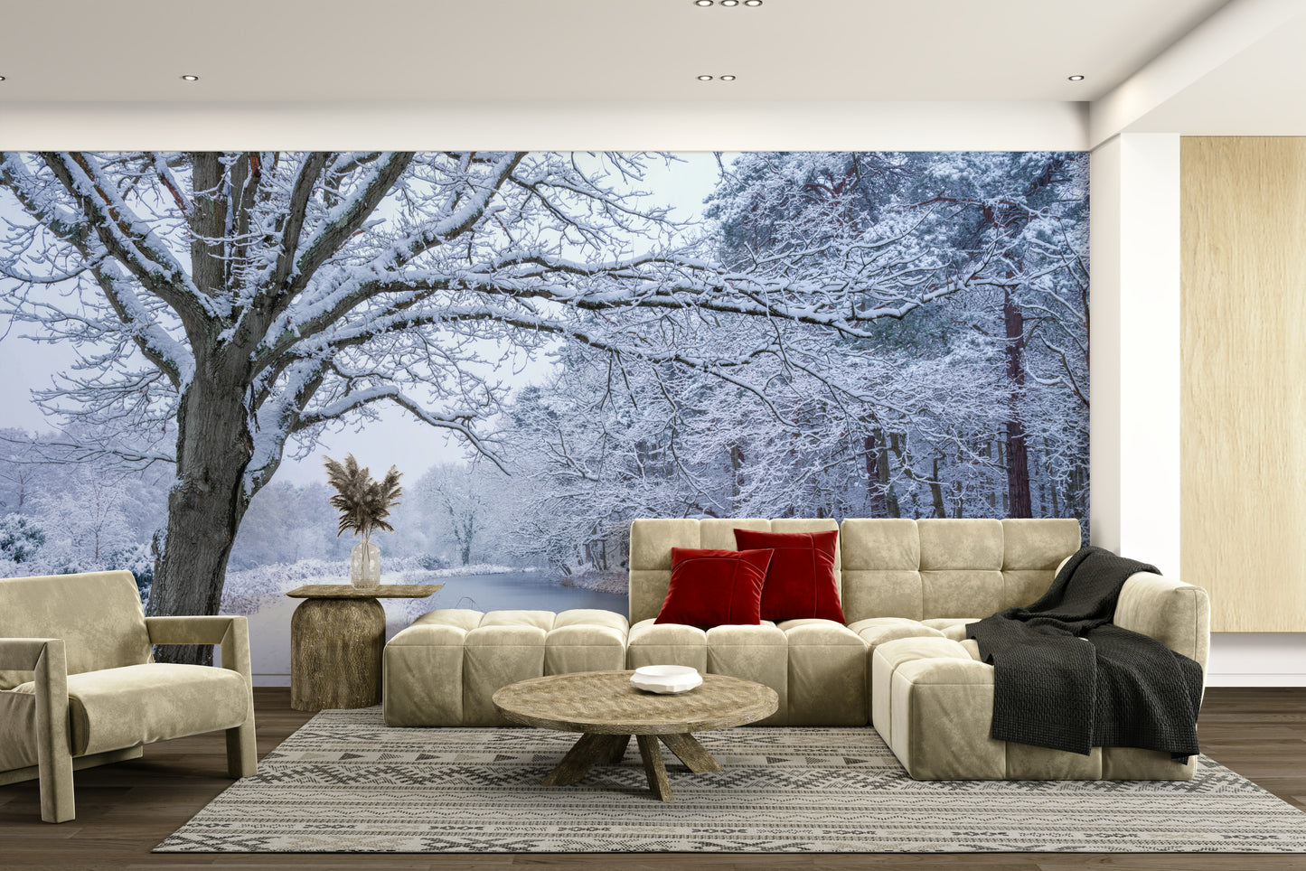 Snow-covered forest wall mural with cool tones
