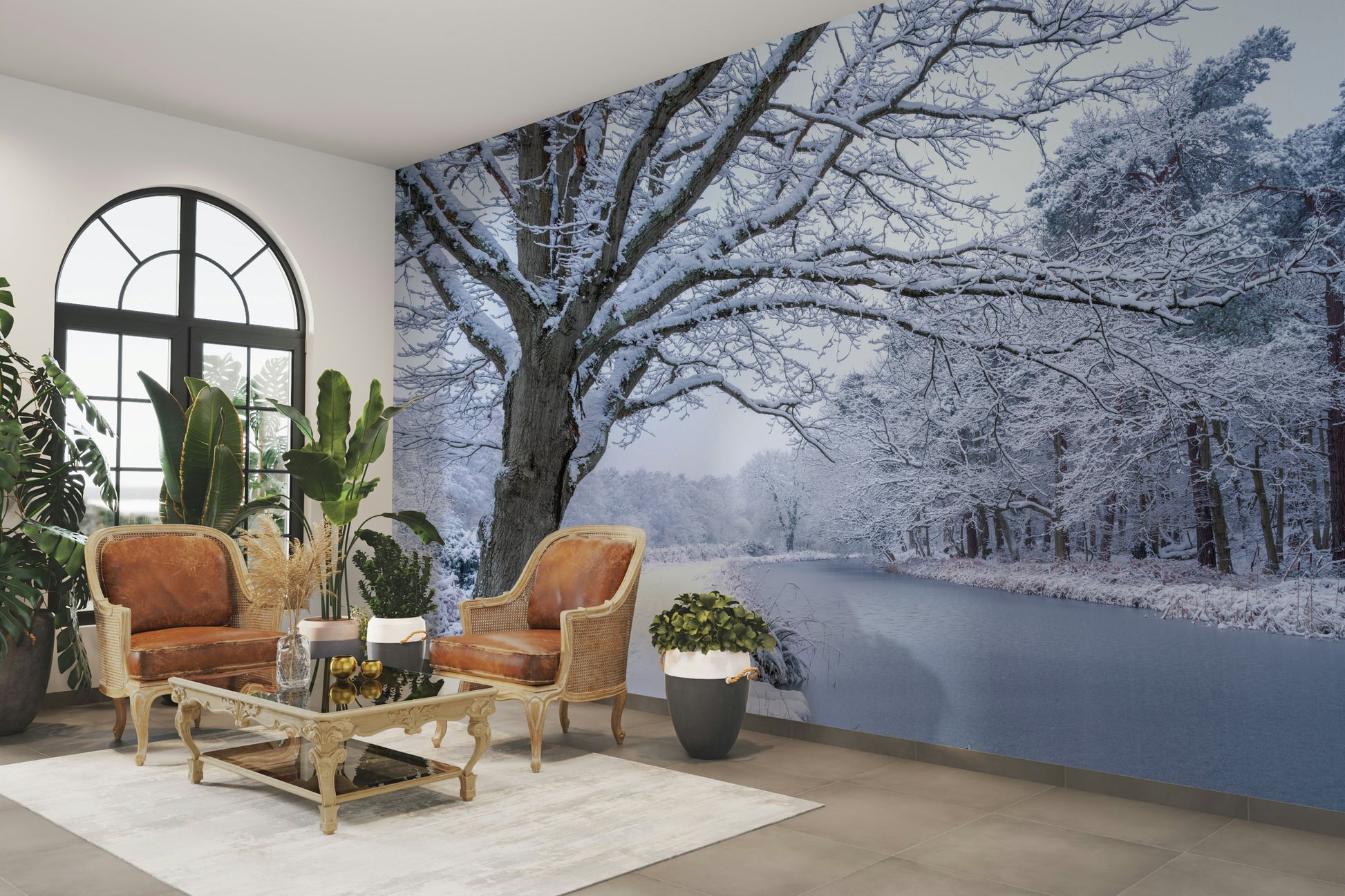 Mural wallpaper with frosty trees and still water

