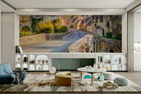 Country scene wallpaper with cobblestone road

