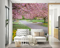 Floral park scene with blooming flowers on the ground

