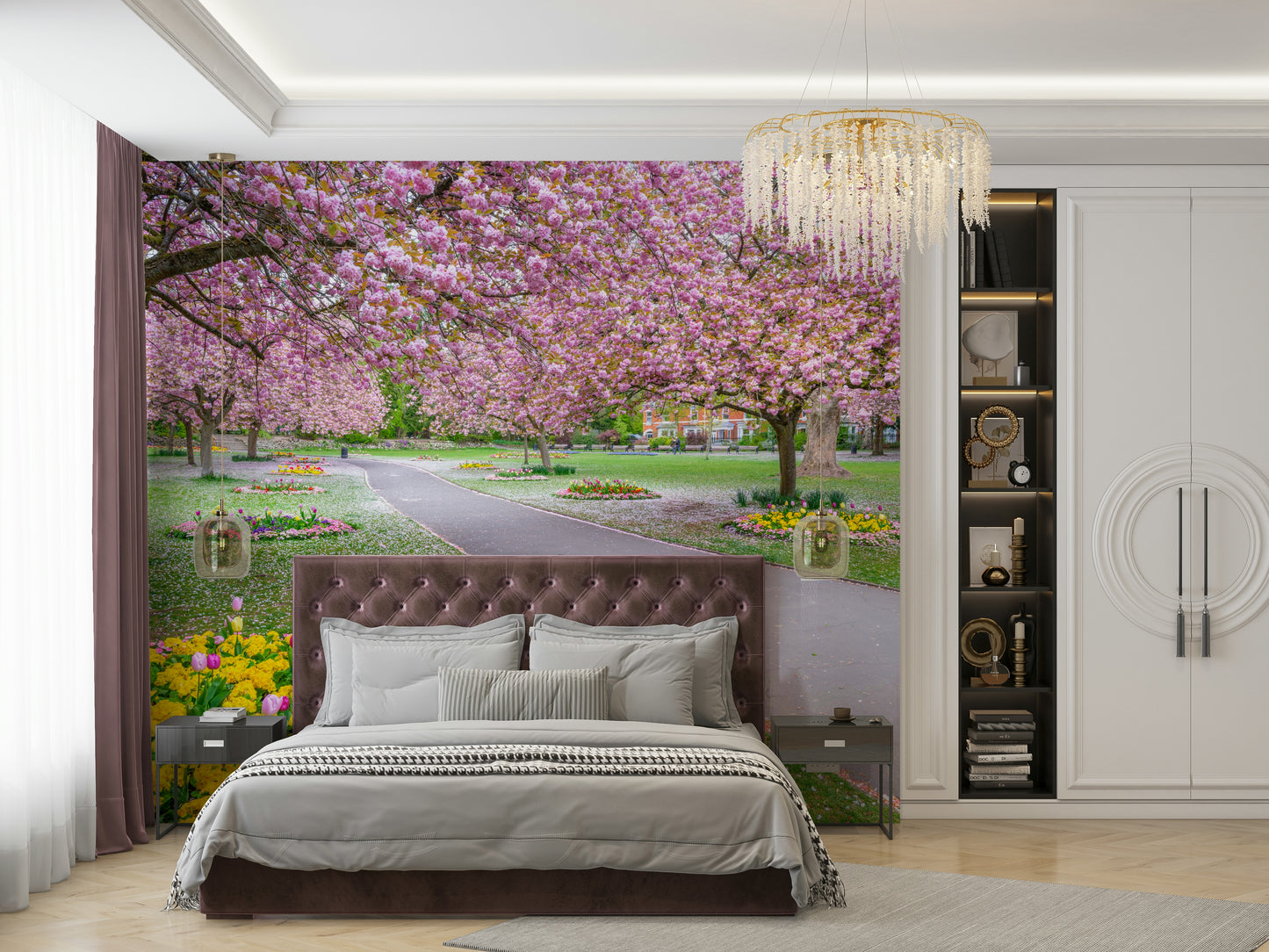 Nature-inspired mural with soft garden blooms

