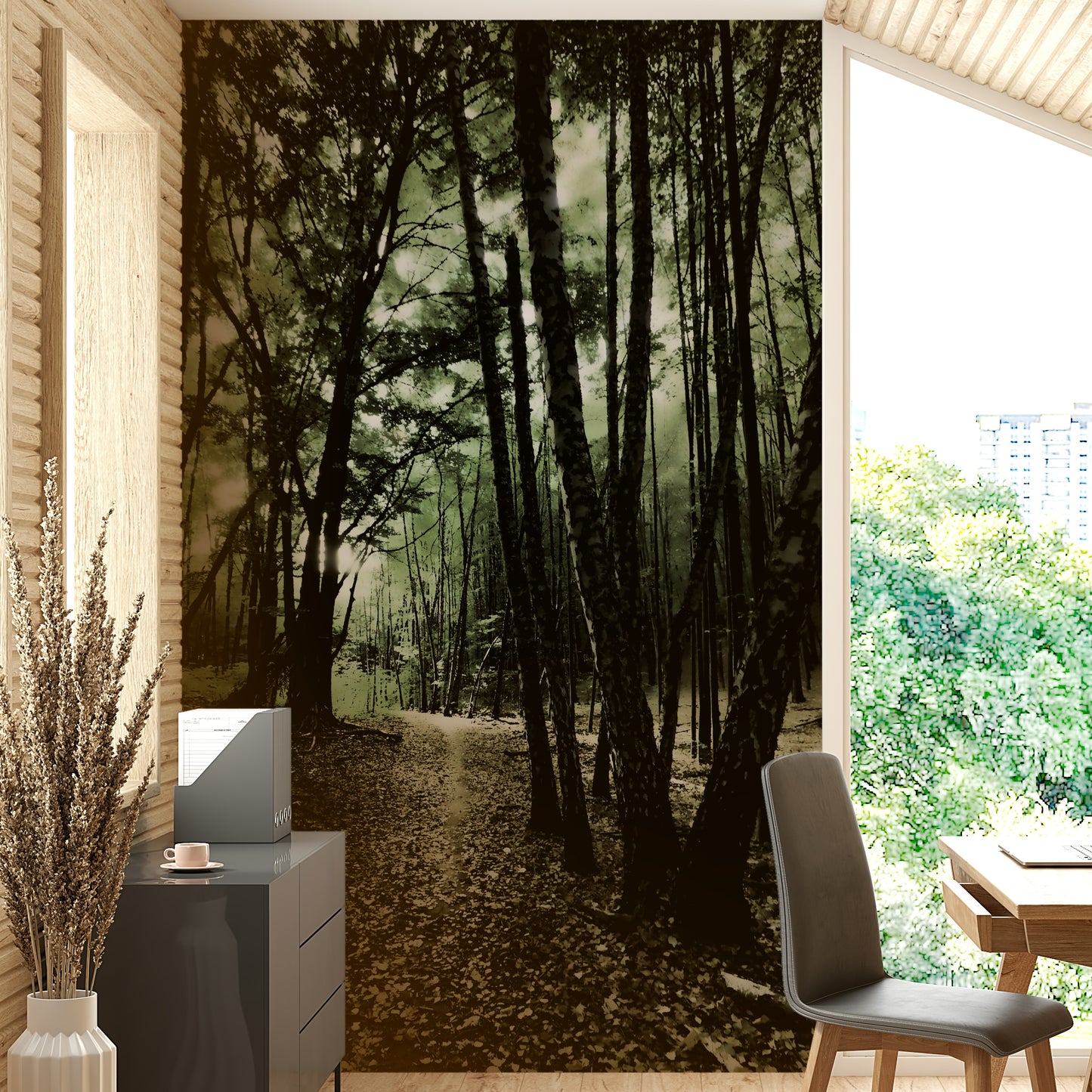 A wall mural showcasing an enchanting forest
