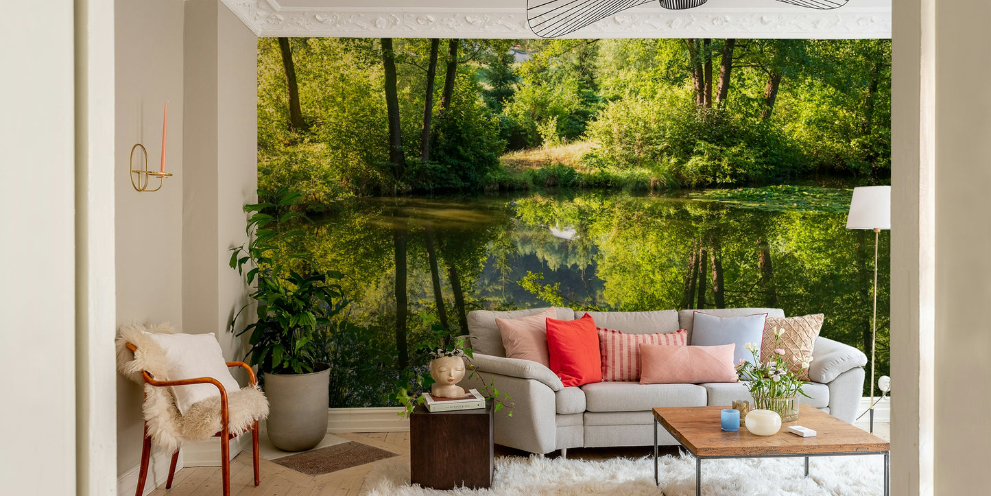 Tranquil Nature Reflection Art Print - Serene Water and Greenery Scene Wall Mural