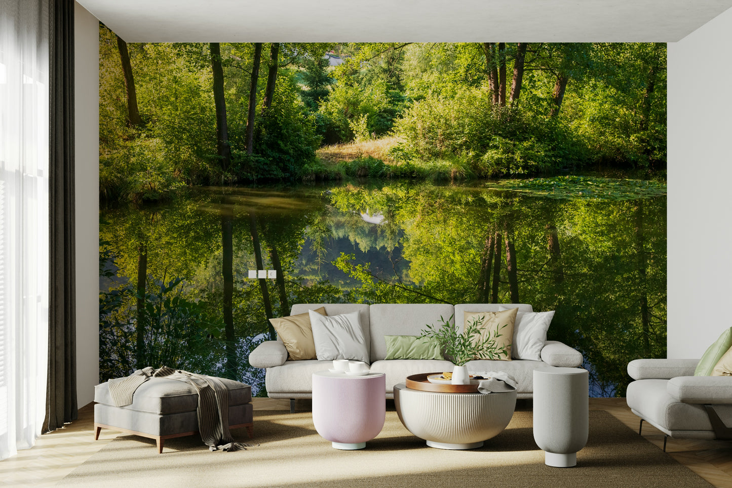 Tranquil Nature Reflection Art Print - Serene Water and Greenery Scene Wall Mural