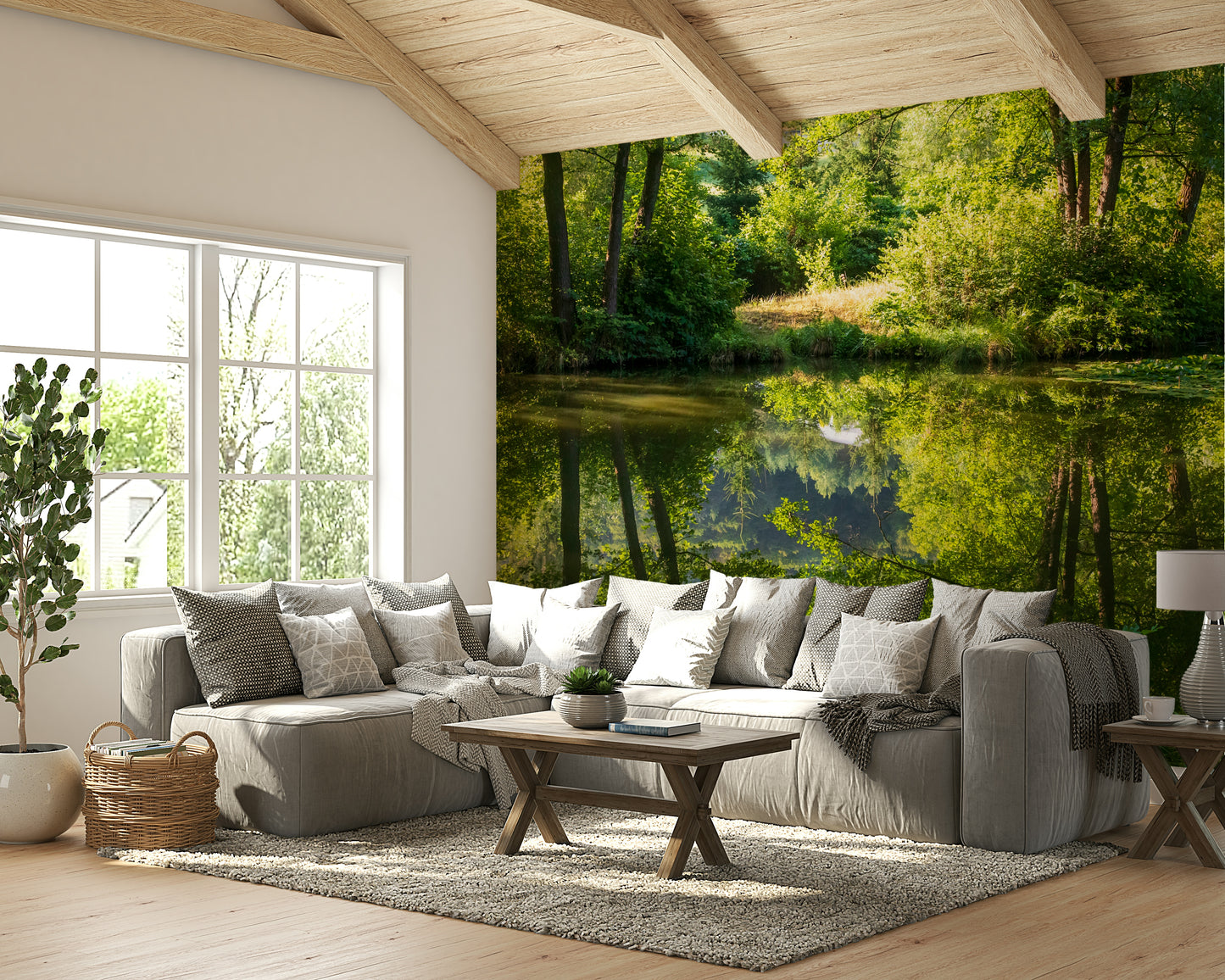 Tranquil Nature Reflection Art Print - Serene Water and Greenery Scene Wall Mural