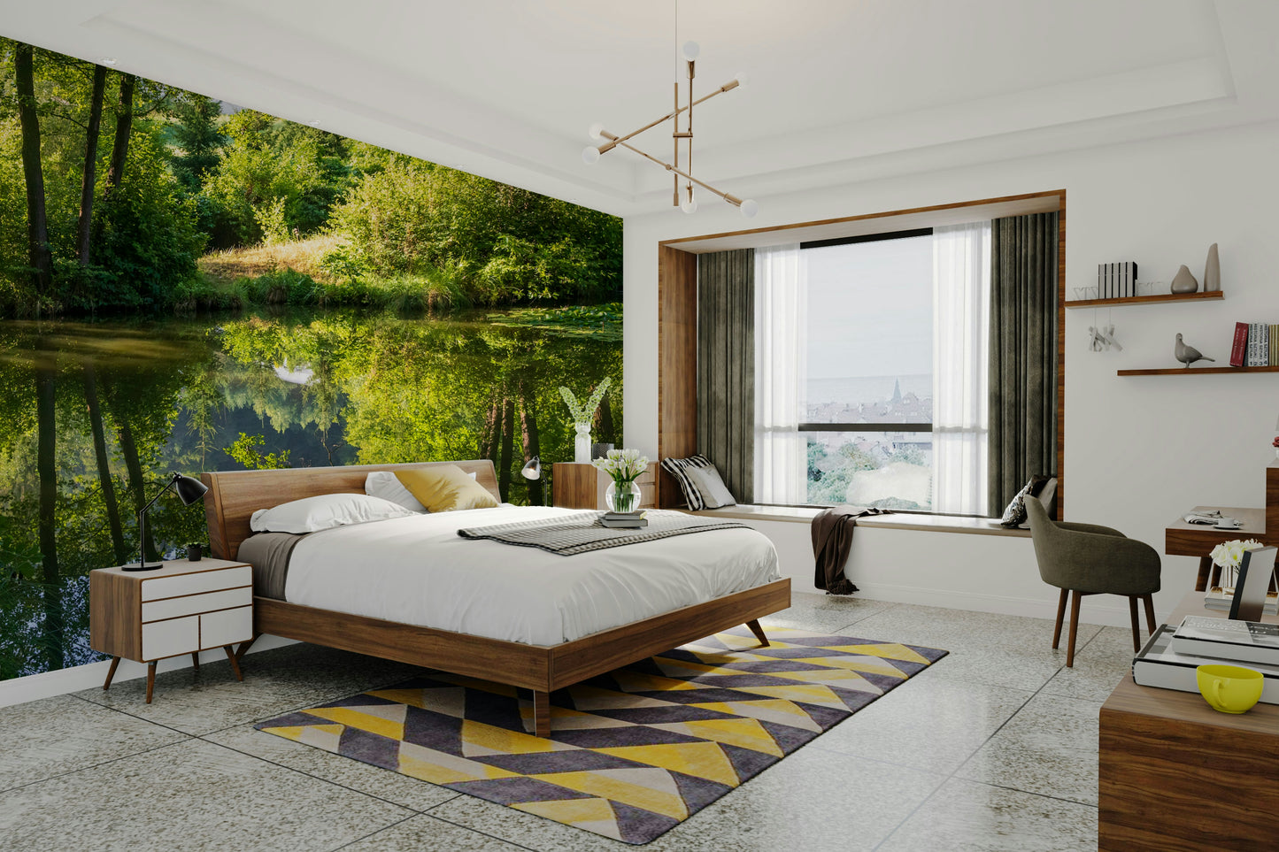 Tranquil Nature Reflection Art Print - Serene Water and Greenery Scene Wall Mural