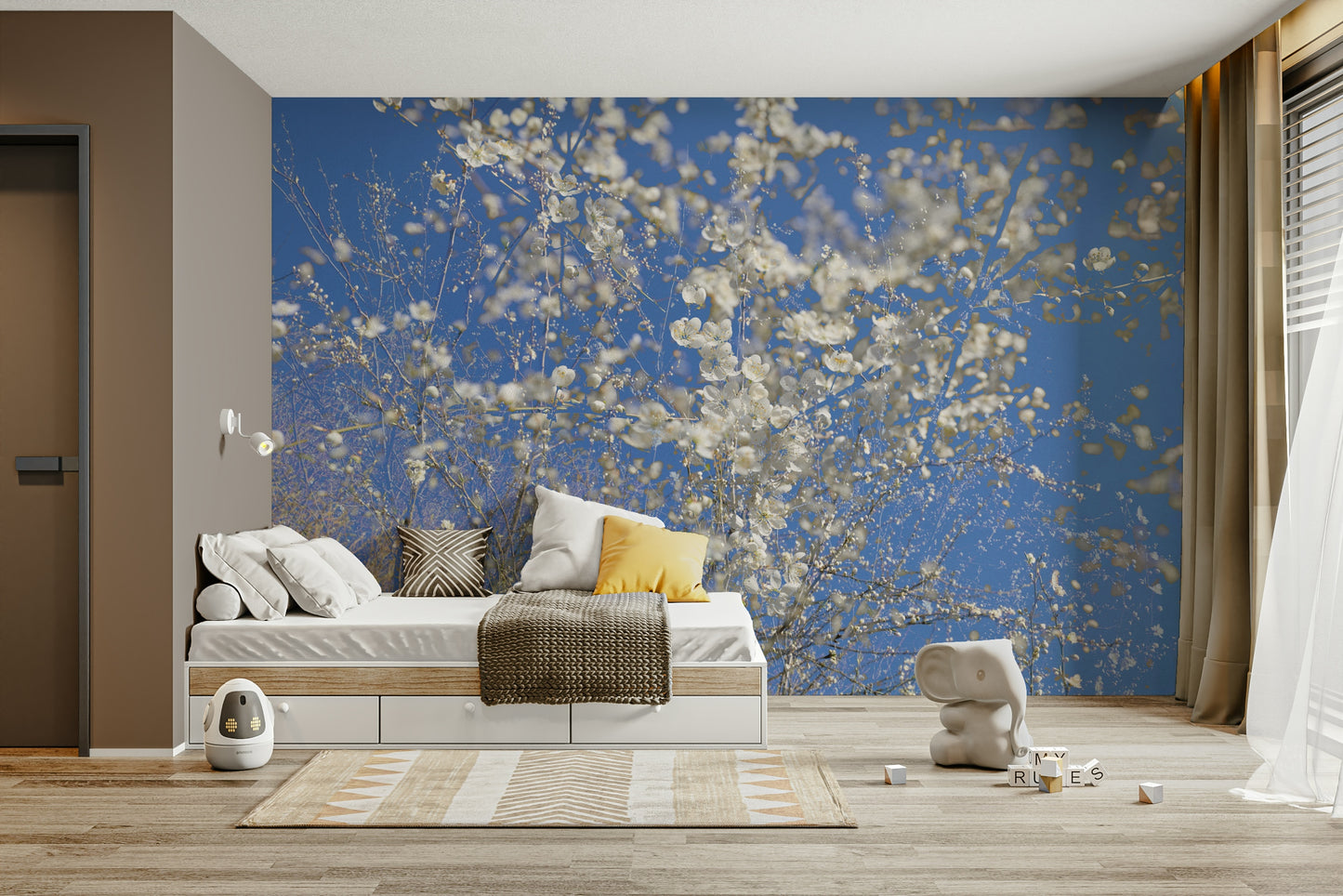 White Blossoms Against a Clear Blue Sky - Spring Nature Photography Wall Mural