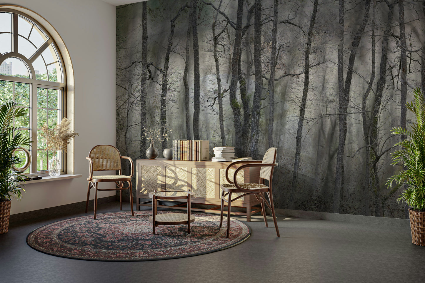 Mysterious Forest Landscape | Gray Trees in Atmospheric Stillness | Nature Photography Wall Mural