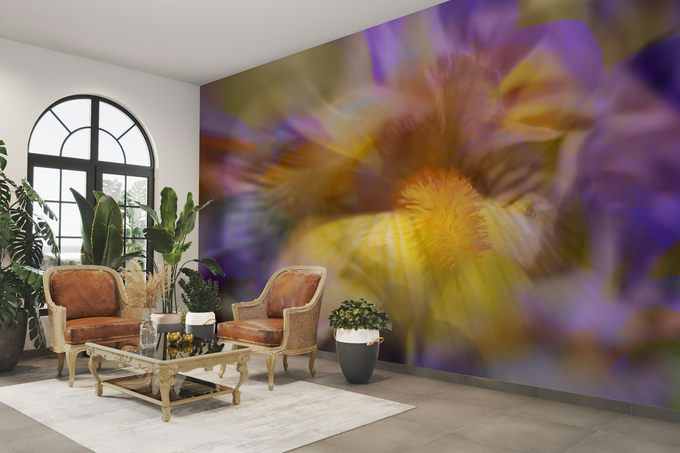 An abstract wall mural showing a floral design with vibrant, non-realistic colors.

