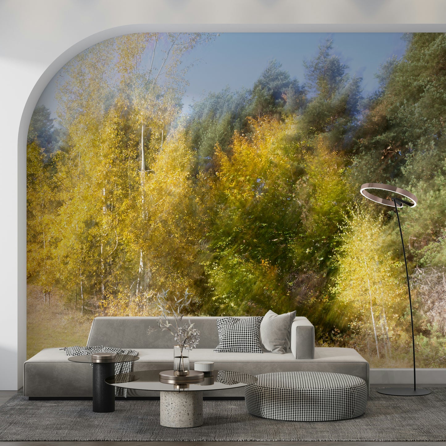 Autumn's Whisper: Blurred Nature Photography of Golden Trees Wall Mural