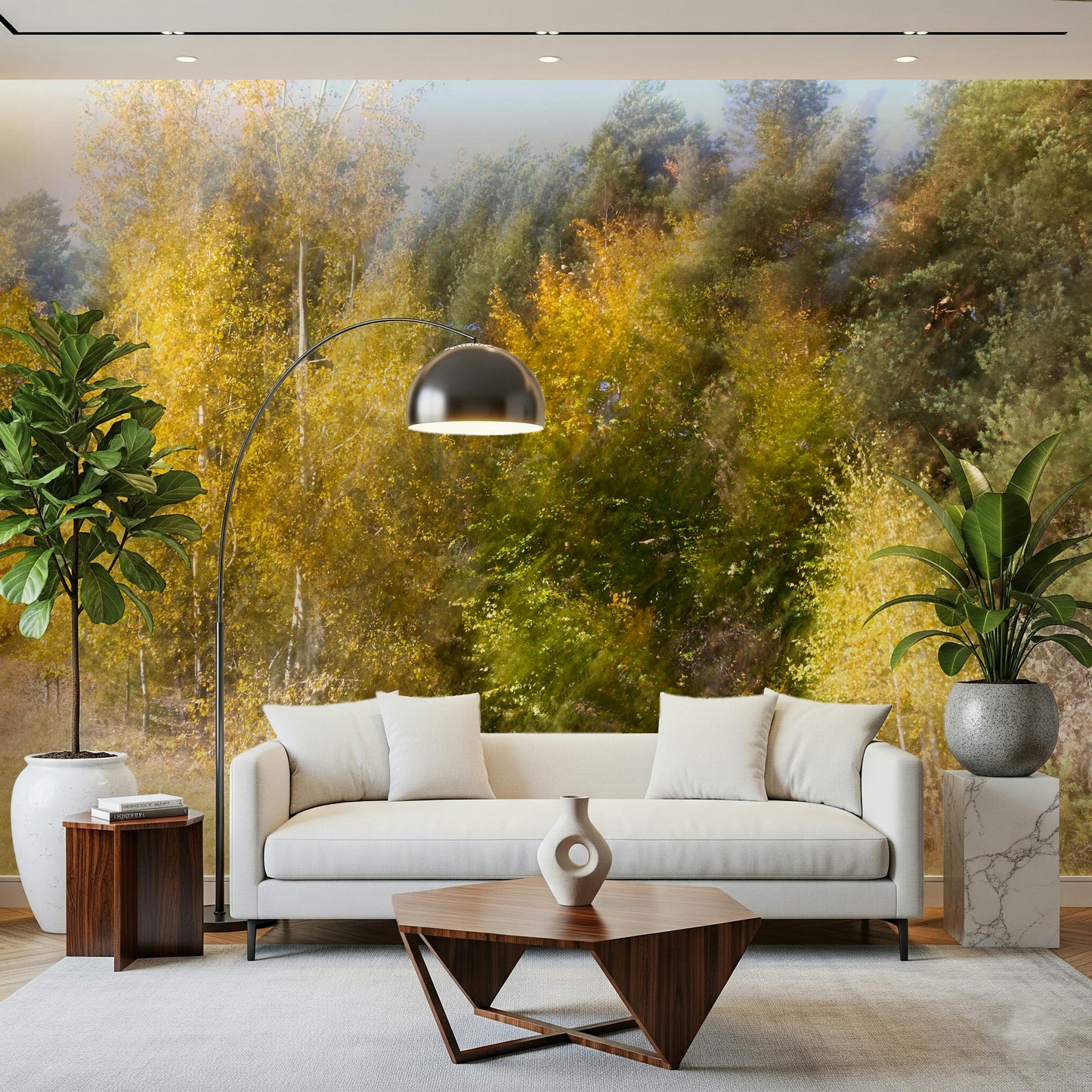 Autumn's Whisper: Blurred Nature Photography of Golden Trees Wall Mural