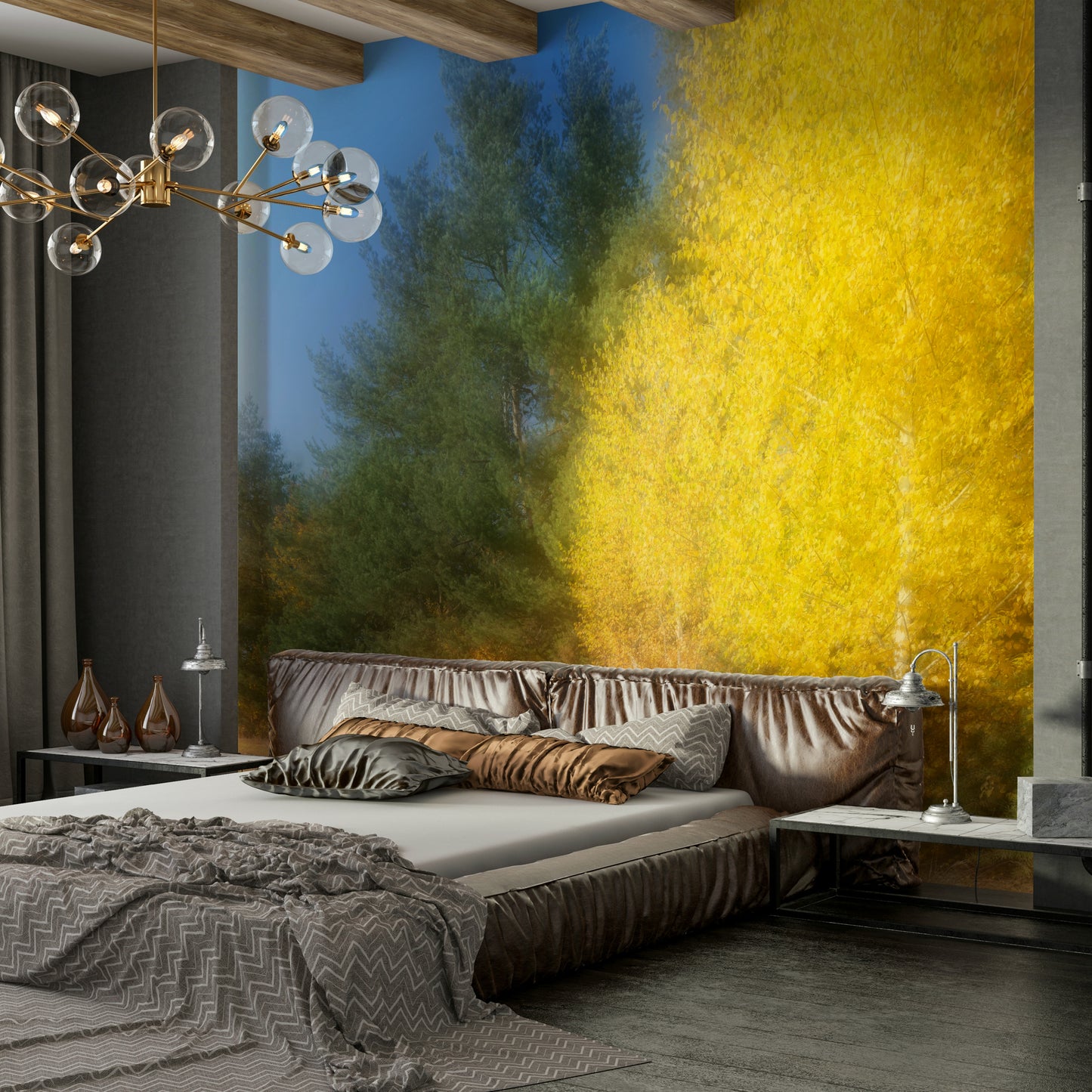 An abstract wall mural showing a landscape with blurred yellow and green hues.

