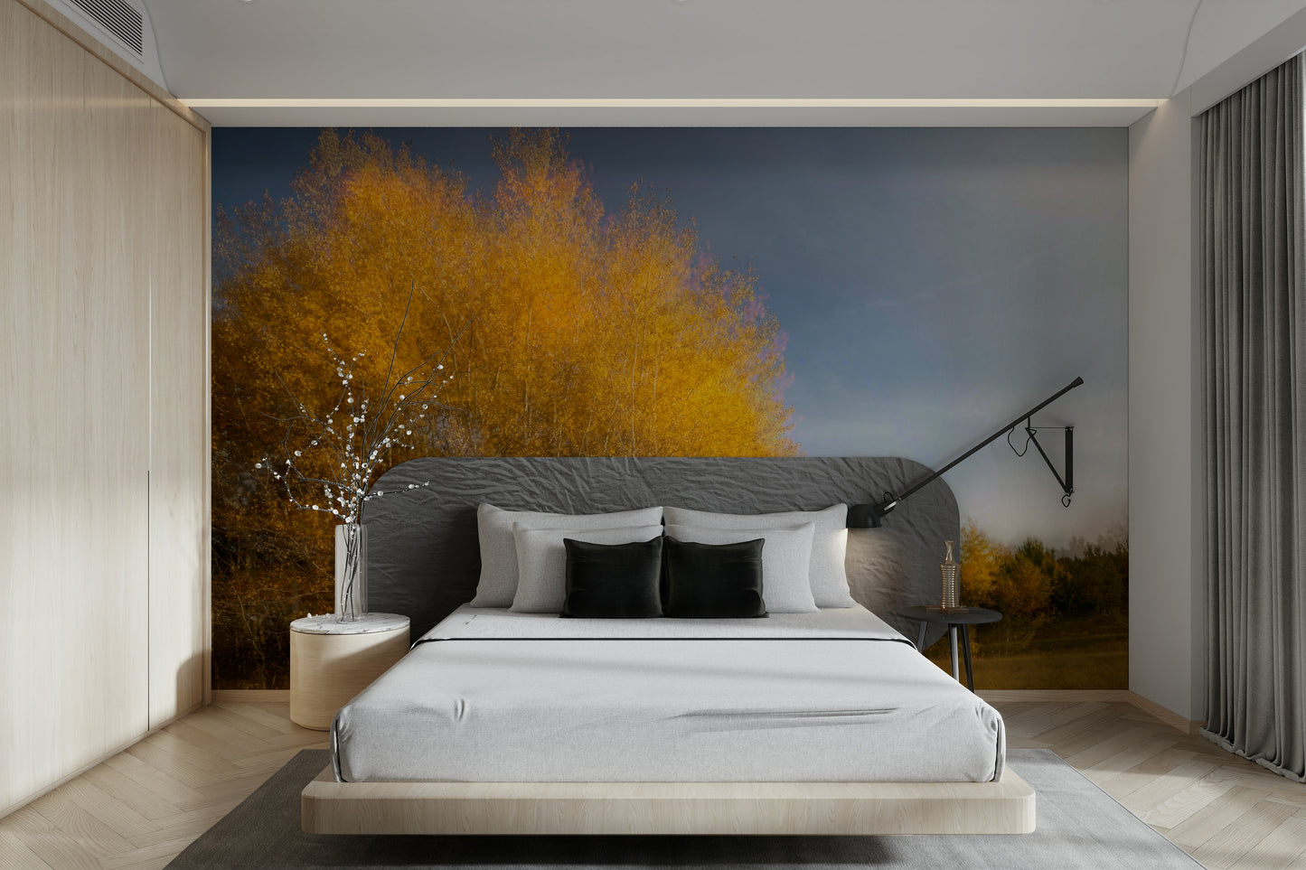 The decor is simple, letting the landscape art stand out.

