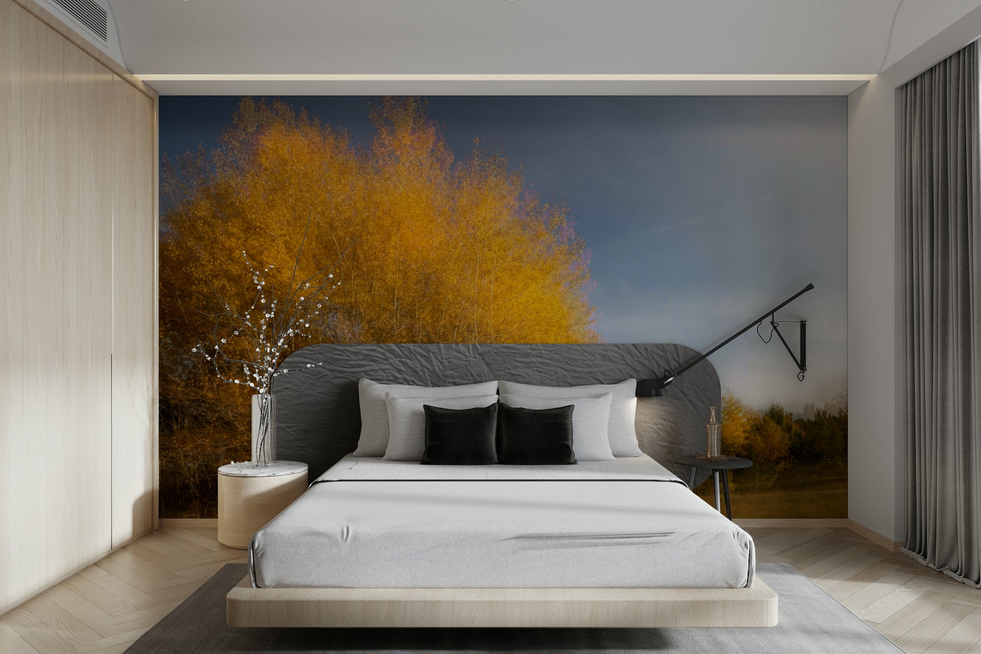 The decor is simple, letting the landscape art stand out.

